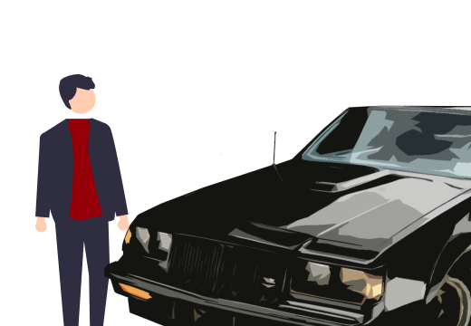 illustrated image of a product engineer next to a black car